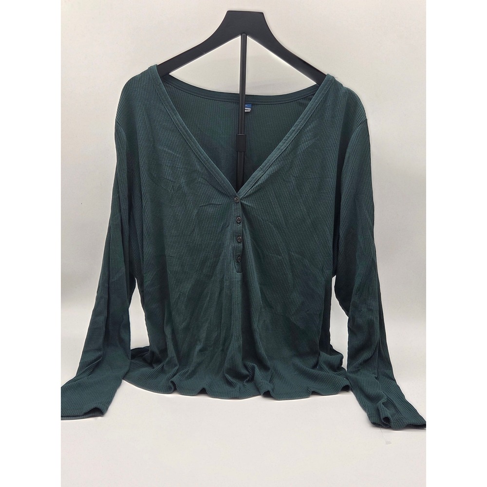 Old Navy Women's 3X Dark Green Ribbed Henley Long Sleeve Top 101-497